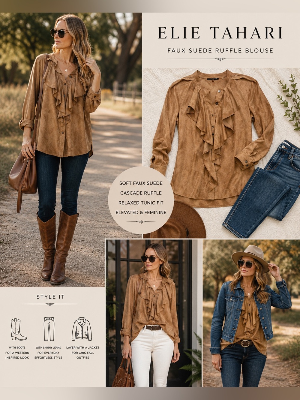 Elie Tahari Faux Suede Ruffle Front Tunic Blouse Camel Tan XS